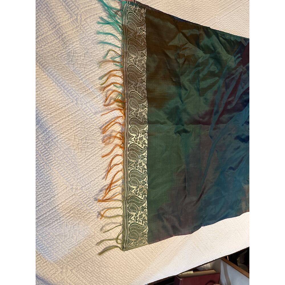 Rare CIE Hand Made fringed silk green and brown  iridescent scarf 
Made in India